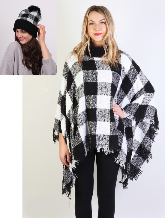 Plaid Patterned Cape and Hat Set (CP1132-04BW + HAT1088-01BK)